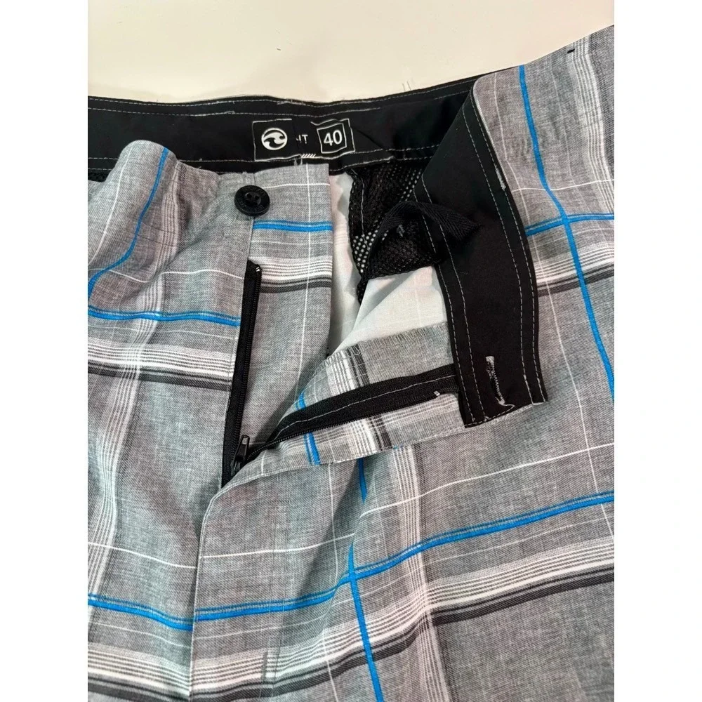 Ocean Current Mens Grey Blue Plaid Cargo Board Shorts Hybrid Swim Trunks Size 40